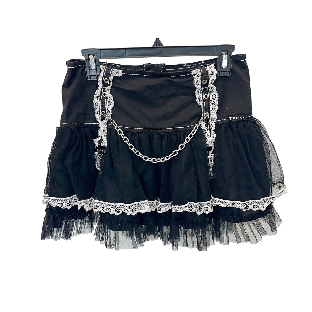 Tripp NYC Black Lace Tulle Mini Skirt Goth Emo Y2K Chain Detail‎ Size Medium